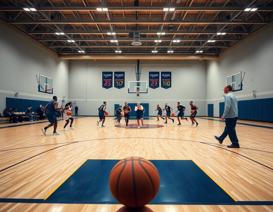 Full-court view of players and coach with basketball sideline boards along the bench.