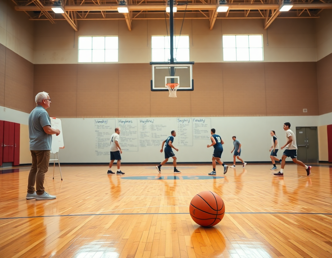 Coach outlines a basketball skills assessment template on whiteboard during a weekly practice rhythm.
