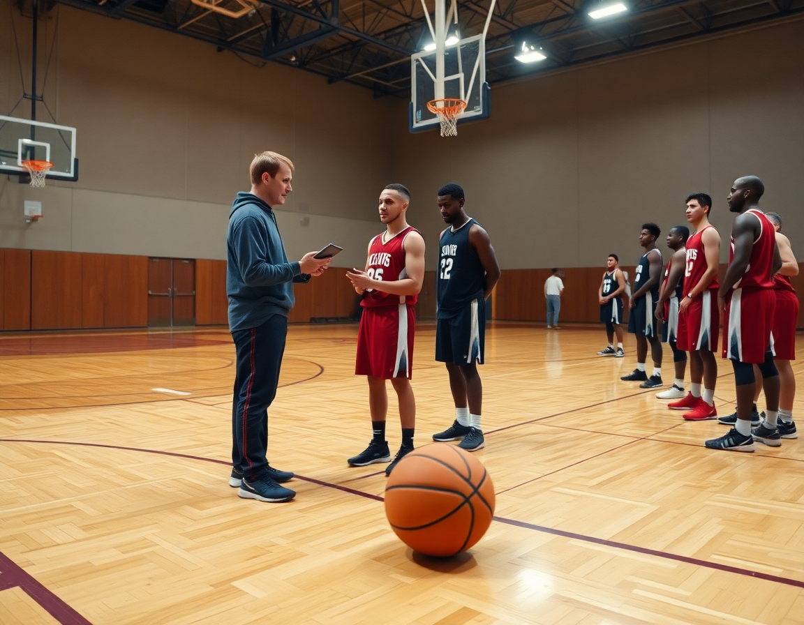 Coach analyzes basketball video on tablet while players watch on hardwood court.