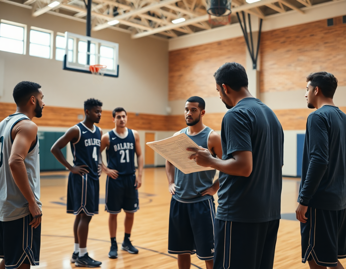 Top-of-key basketball drill on a hardwood court with players discussing adjustments together.