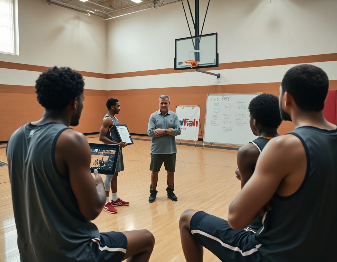 Team reviews basketball slob plays on a tablet while coach outlines the plan in gym.