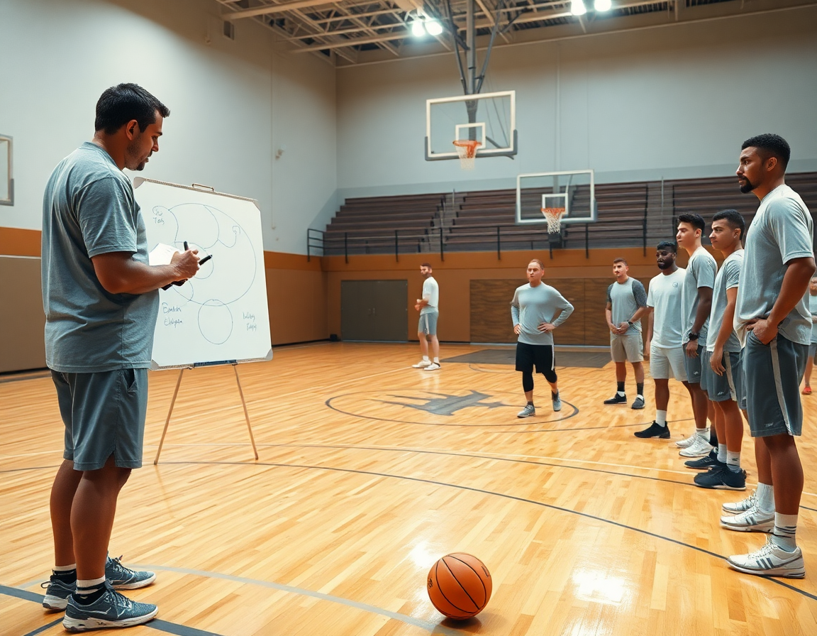 Close-up of basketball software programs guiding a drill as a coach notes on a whiteboard.