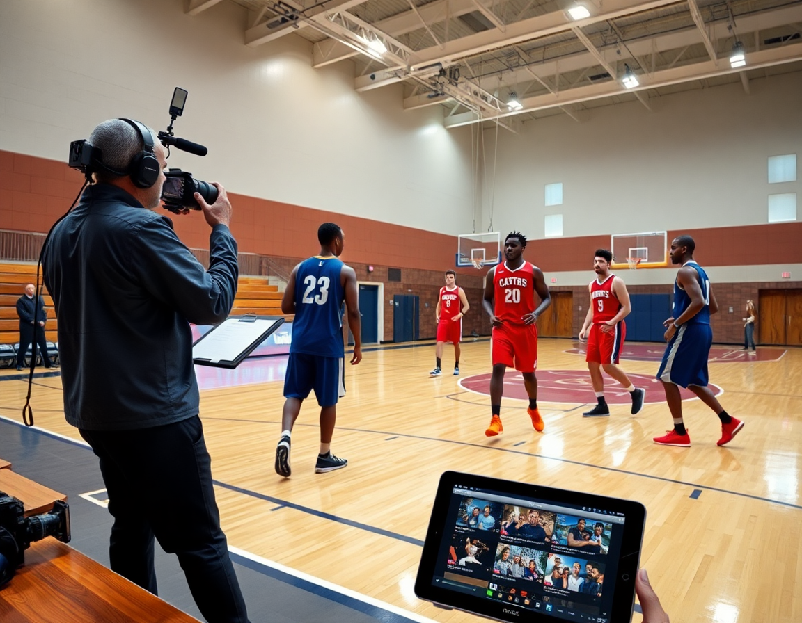 Wide full-court scene shows basketball software programs guiding a five-man drill and video coaching.