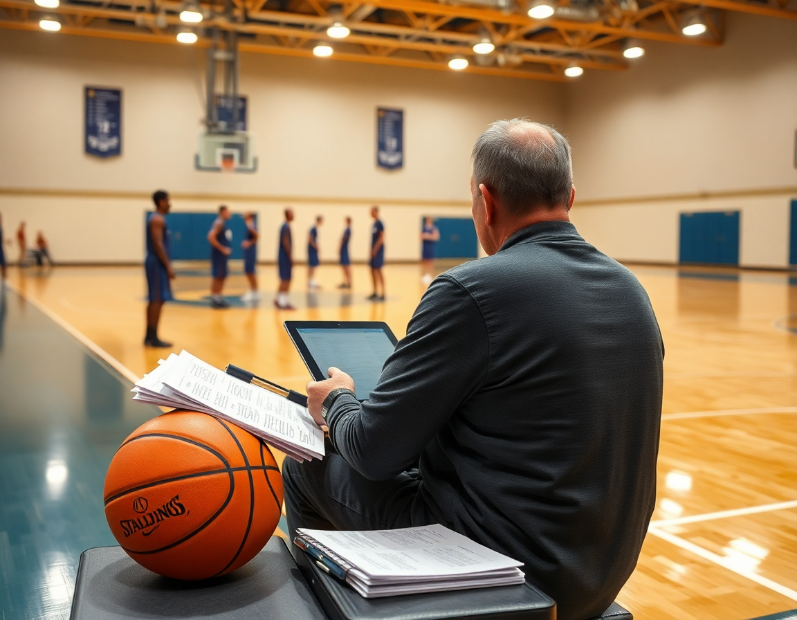 Coach arranges plays with basketball software programs on a tablet beside PDFs on the hardwood.