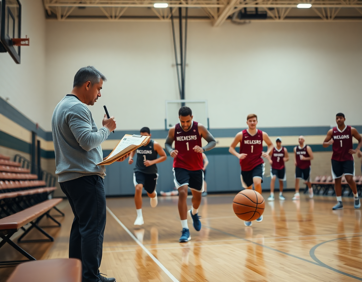 Close-up on coach recording stats with a basketball stat sheet app on tablet during prep drill.