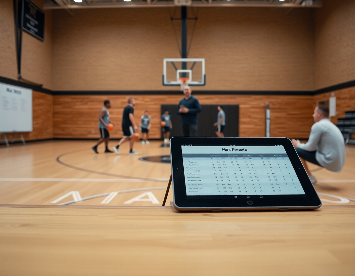 Coach directs basketball players around a whiteboard during a basketball drill in gym