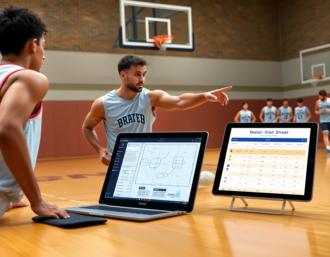 Coach coordinates weekly practice plans near a whiteboard during a basketball drill