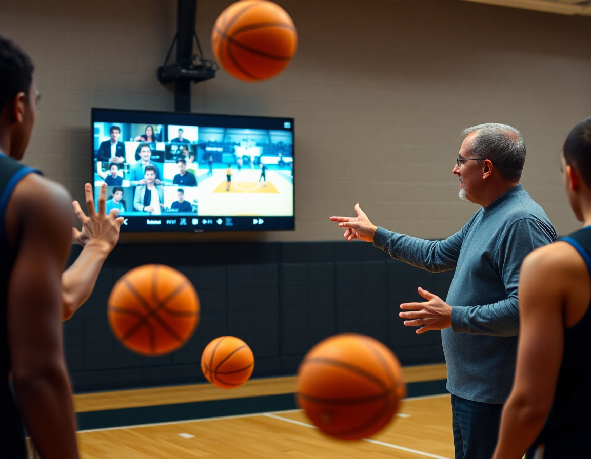 Player watches video clips on a wall monitor while coach explains a basketball play in real time