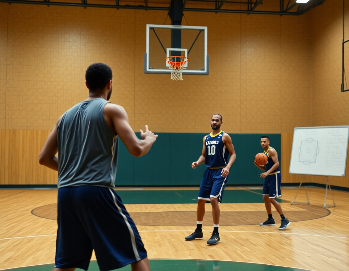 Play drill on hardwood basketball court as basketball stat tracker excel appears on a tablet.