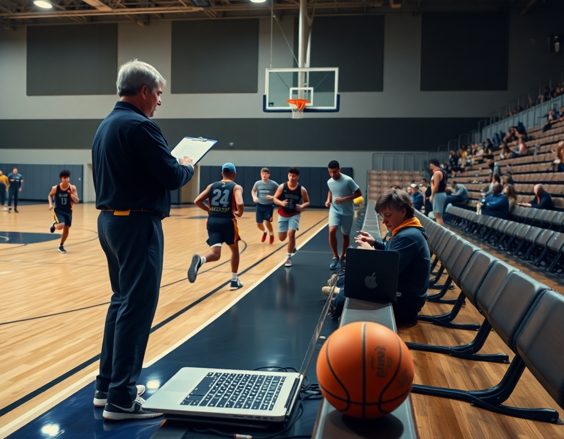 Bench scene shows coach and players with clipboard, while basketball stat tracker excel opens on a laptop.