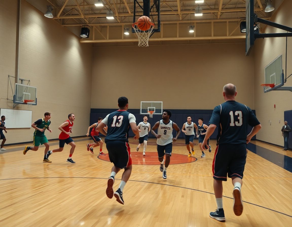 Full-court drill under bright gym lights as basketball stat tracker excel guides the plan.