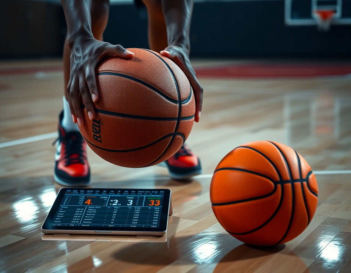 Close-up of hands dribbling a basketball as a basketball stat tracker glows on a tablet.