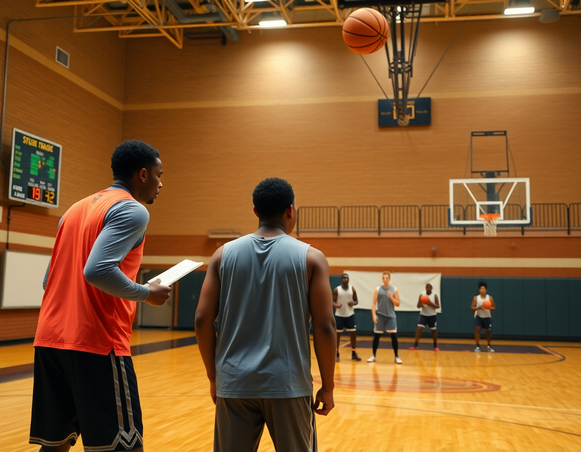 Two players practice a drill while the coach references a basketball stat tracker and whiteboard.