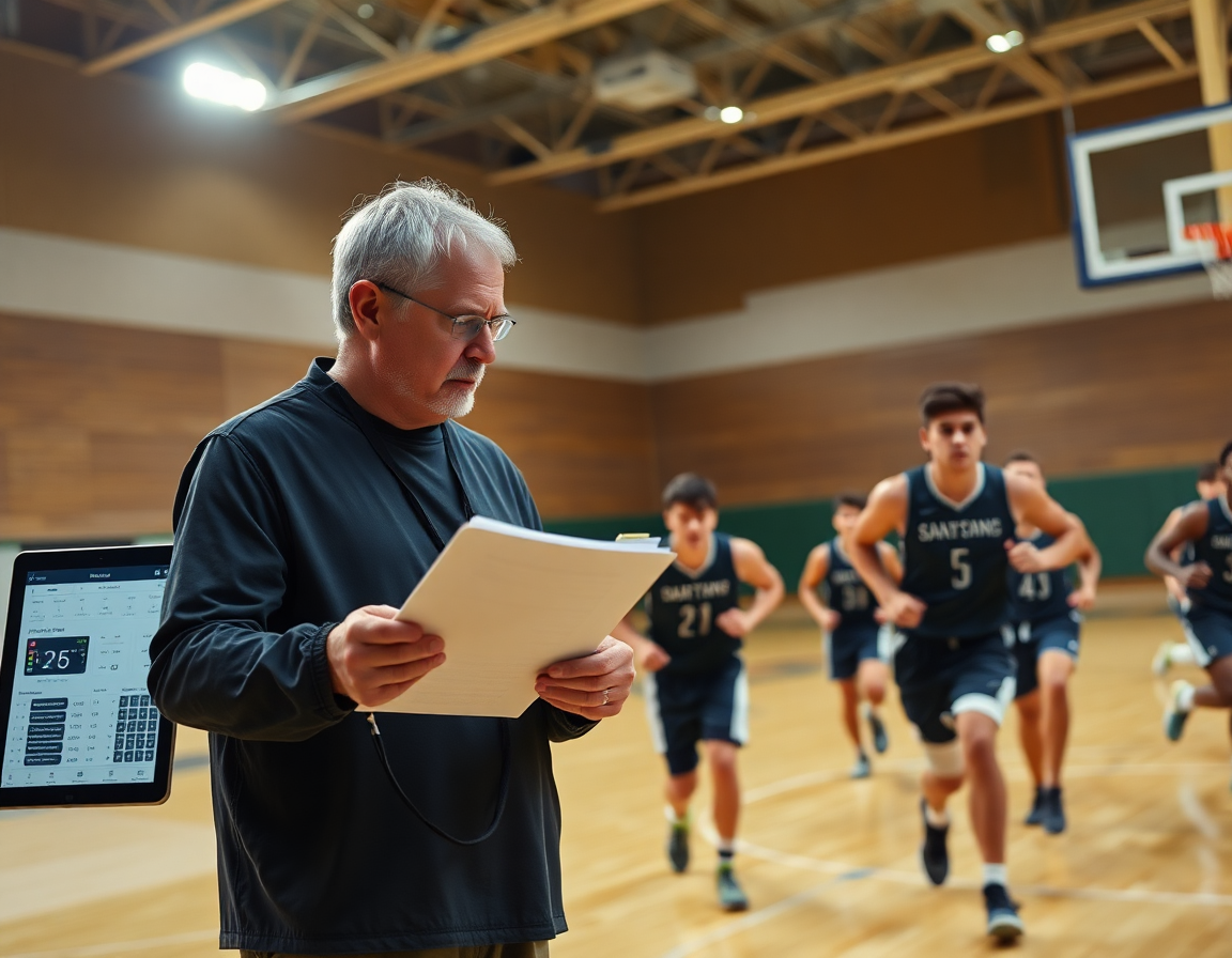 A coach reviews scouting notes on a clipboard beside a tablet showing a basketball stat tracker.