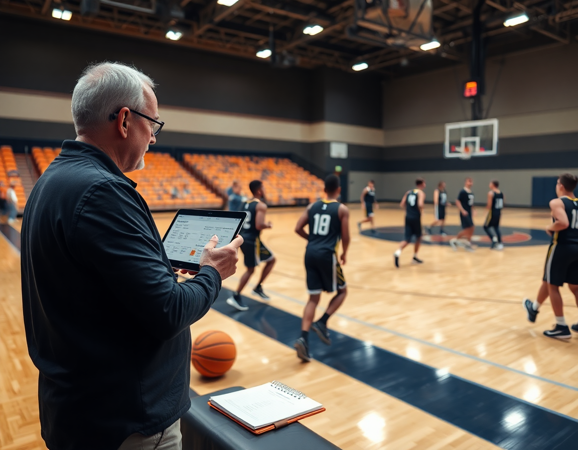 Coach uses basketball stat tracking app on tablet as players drill on the basketball court.