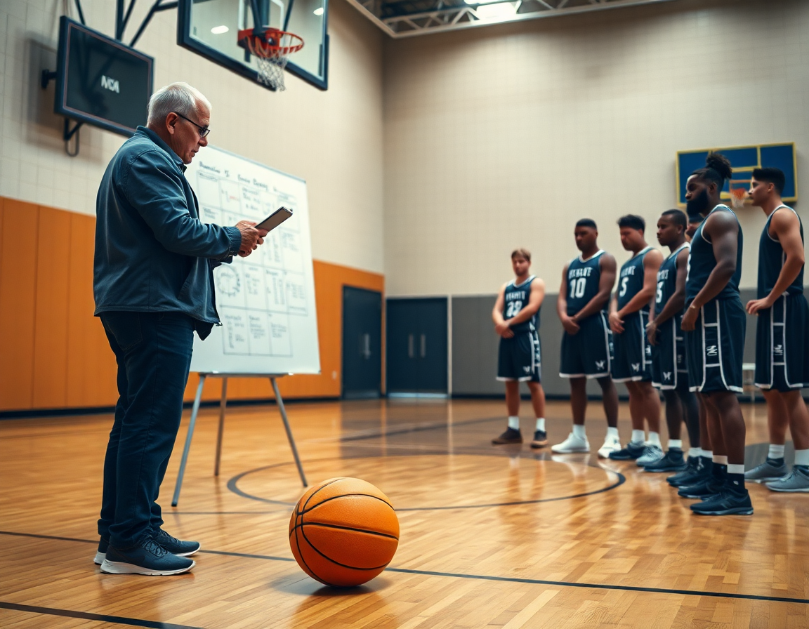 Coach reviews scouting data on a whiteboard as players study basketball opponent tendencies on the basketball court.
