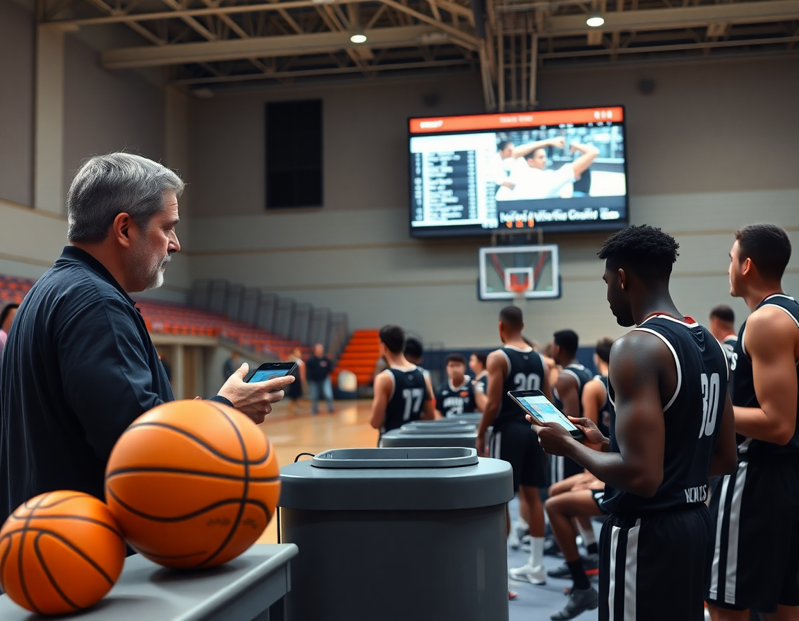Coach exports video playlists from basketball stat tracking app as players review clips on tablets.
