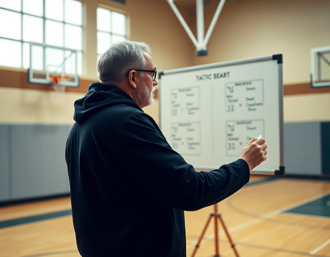 Coach explaining tactics on a gym whiteboard