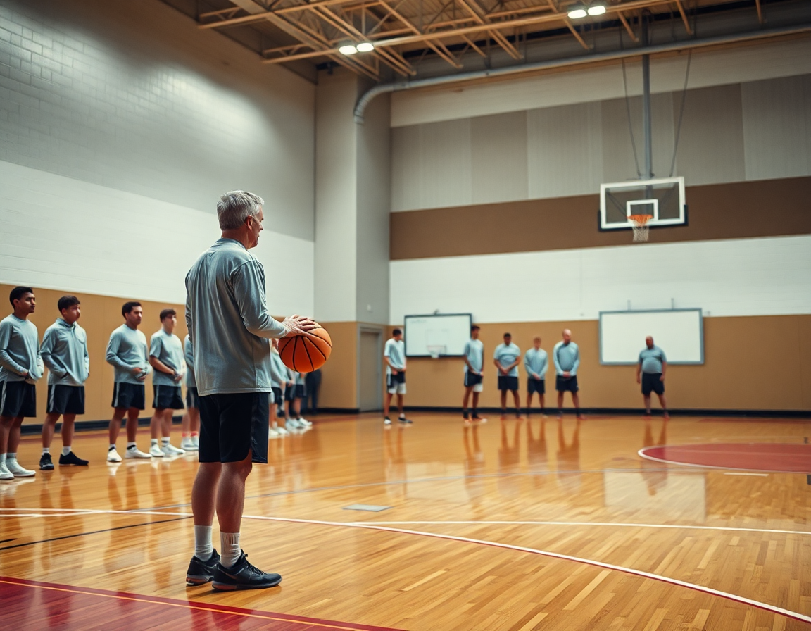 Close-up of a coach's hands guiding a drill with an orange basketball near a whiteboard on hardwood.