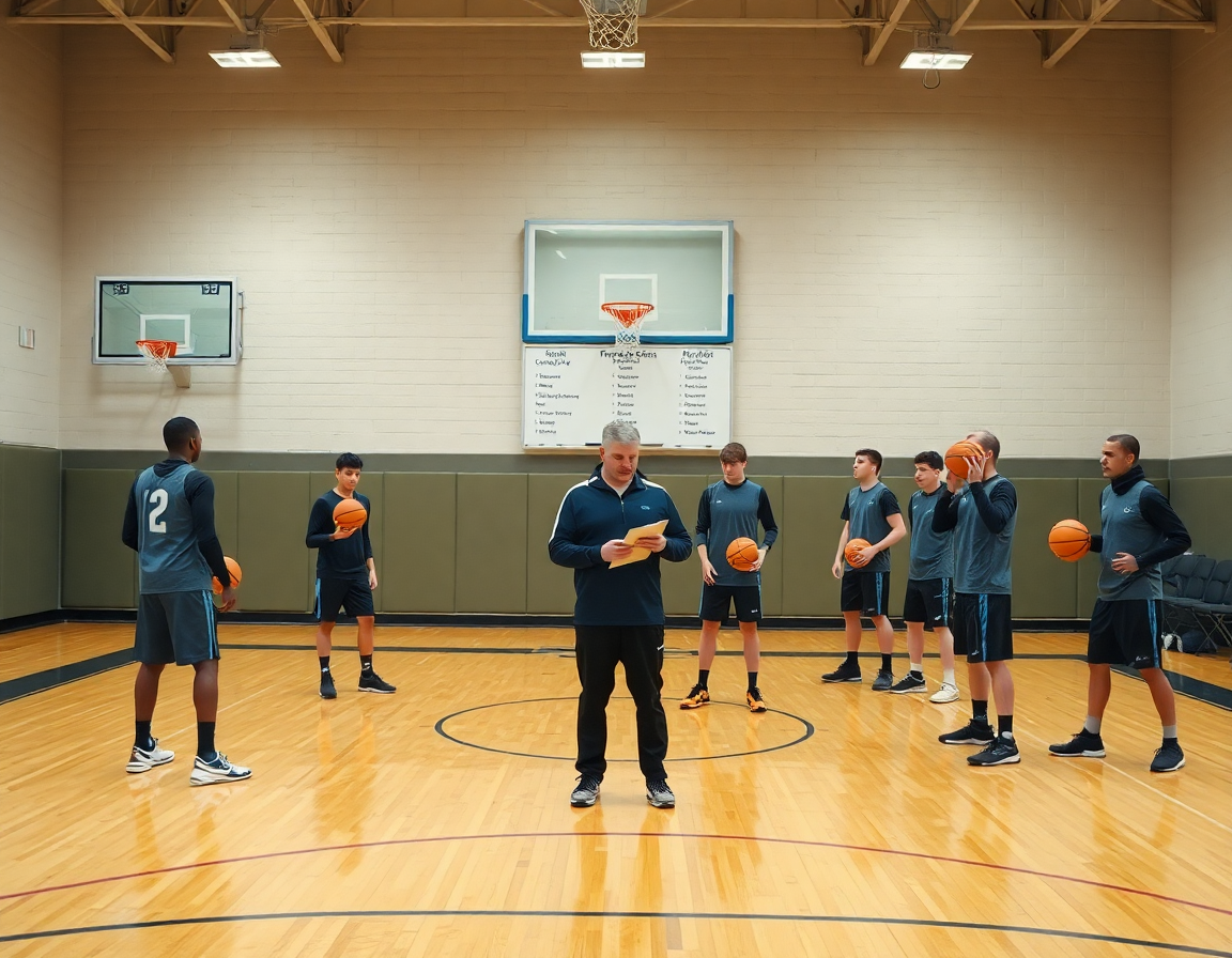 A basketball coach uses basketball tryout drills pdf to guide station rotations during practice.