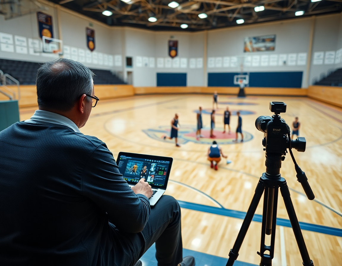 coaches review basketball tryout drills pdf video clips on a tablet beside the basketball court during practice.