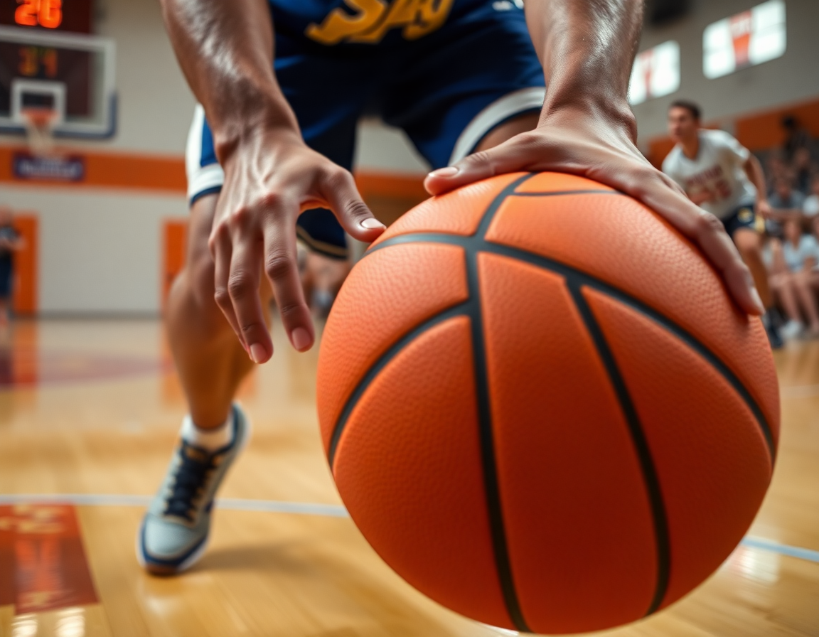 Close-up of hands on an orange basketball as a player dribbles toward the key, coach nearby.