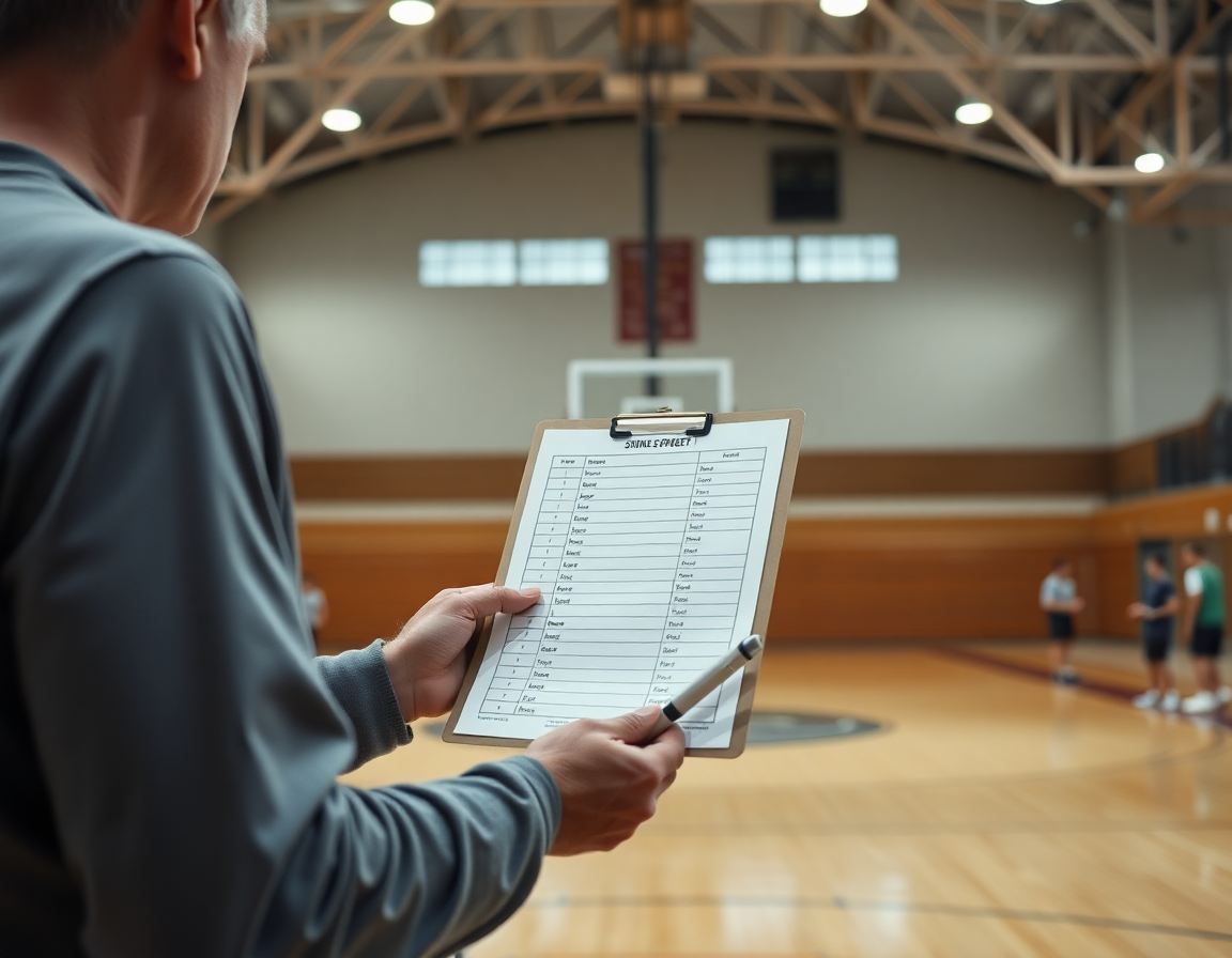 Basketball sign in sheet setup visible during a gym session with players.
