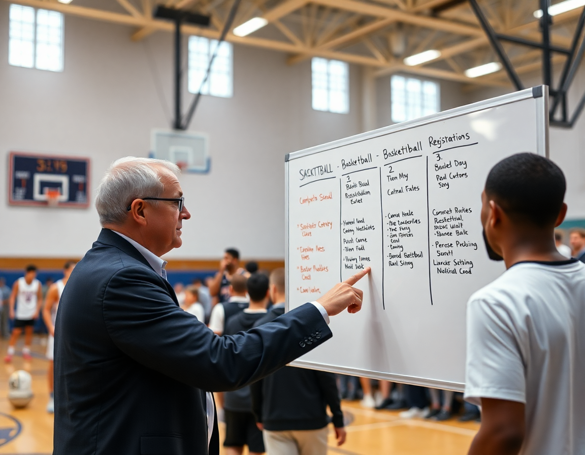 Basketball sign in sheet guides registration steps on the whiteboard during practice.