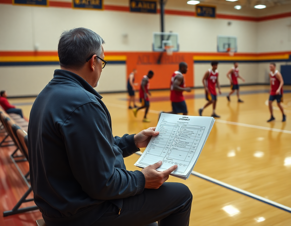 Basketball sign-in sheet data feeds scouting notes as players drill on hardwood.