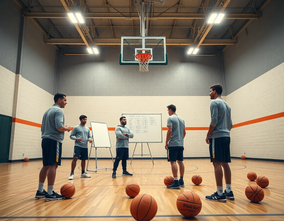 Coach explains weekly basketball practice plan beside a whiteboard while reviewing basketball video analysis software on a tablet.