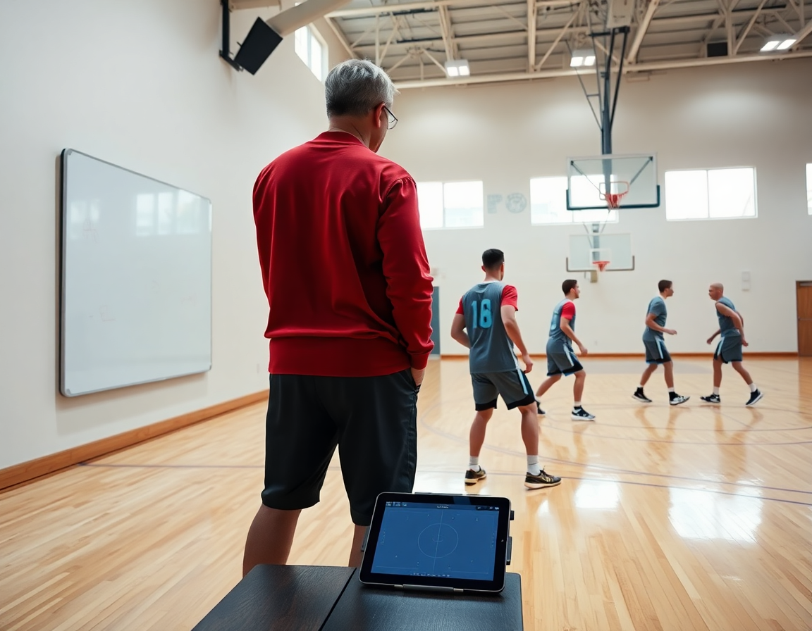 Close-up of a basketball coach guiding a drill with a basketball whiteboard app during practice.