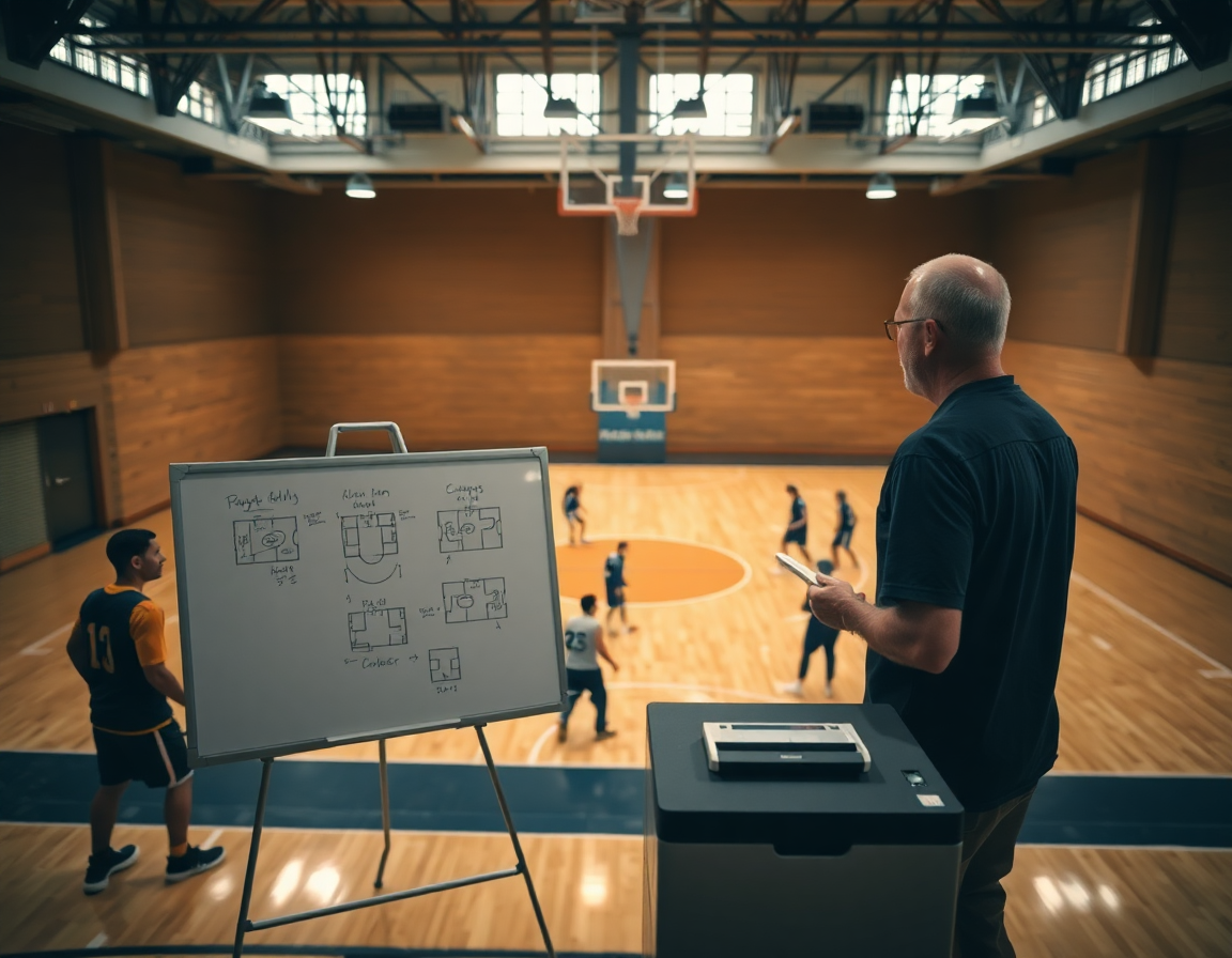 Coach sketches basketball plays on a whiteboard while a printer yields a printed plan via basketball whiteboard app.