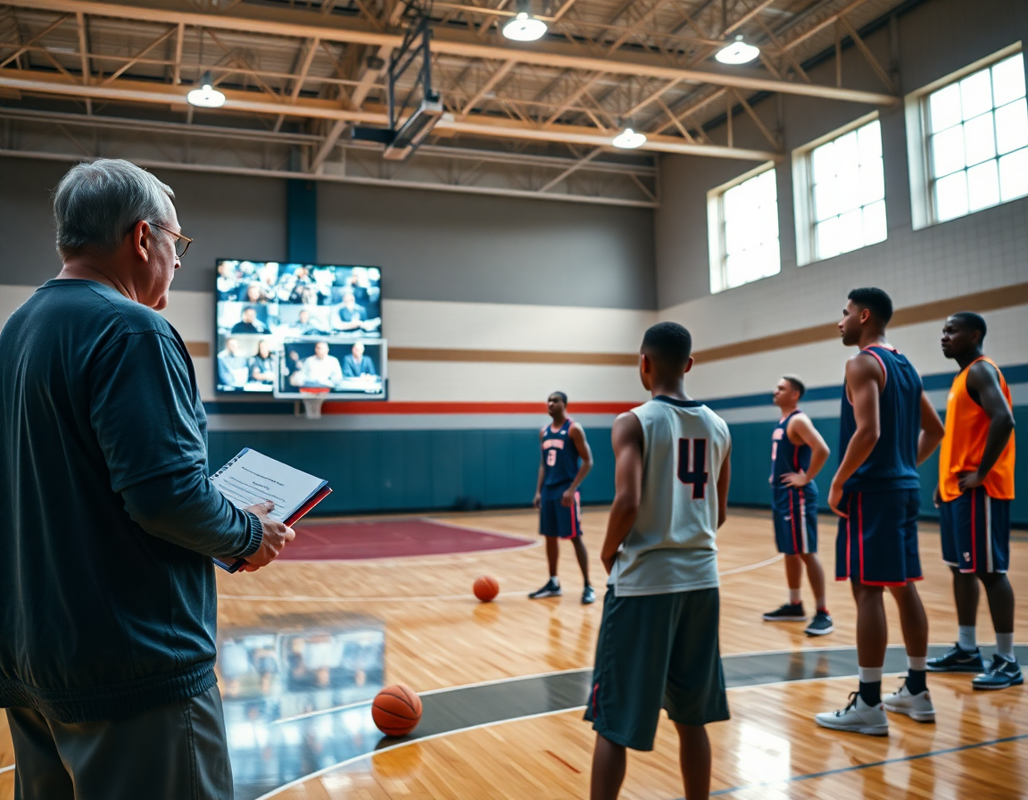 Coach reviews basketball clips and feedback on a screen using a basketball whiteboard app during practice.