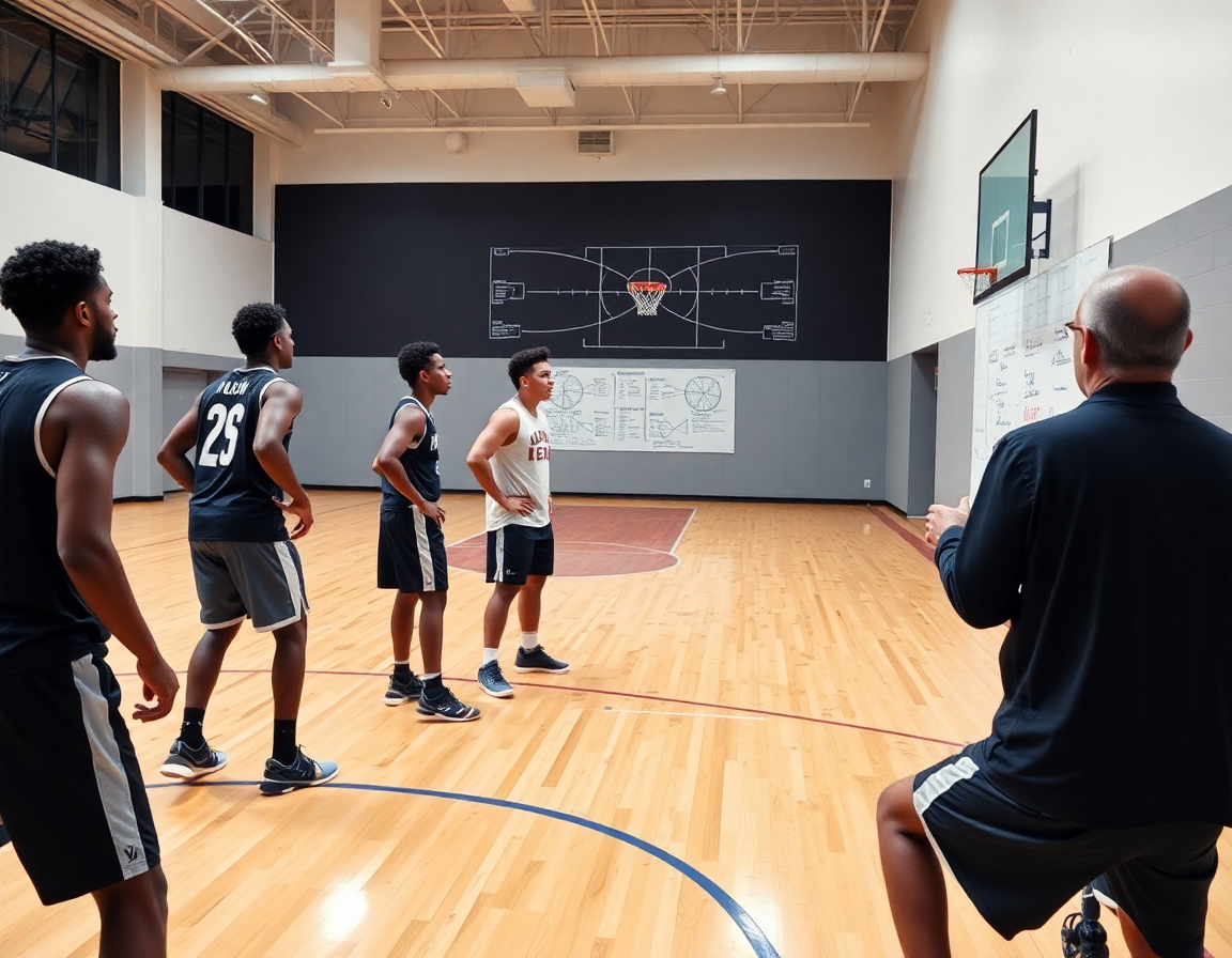 Tight shot of players drilling on the hardwood as the coach explains basketball strategy on a basketball whiteboard for wall.
