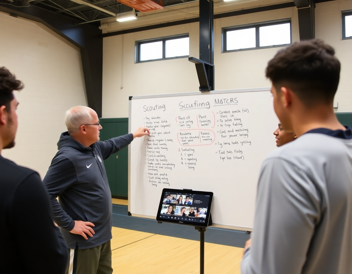 Coach reviews scouting notes on a wall basketball whiteboard for wall while players watch video.