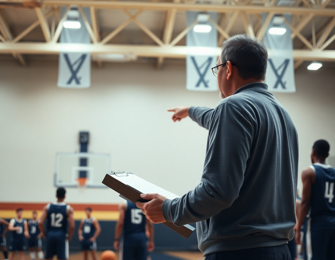 Close-up on a coach by a whiteboard in a basketball gym, with a basketball nearby.
