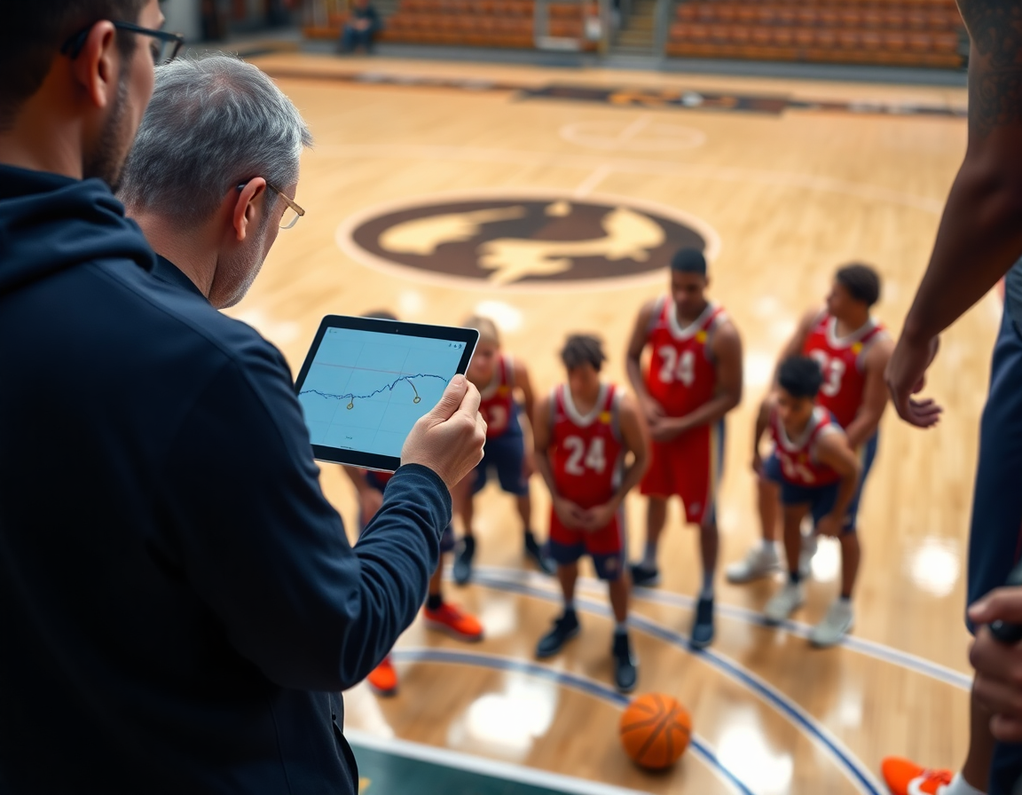 Players around a tablet showing the basketball whiteboard online during a timeout on the basketball court.
