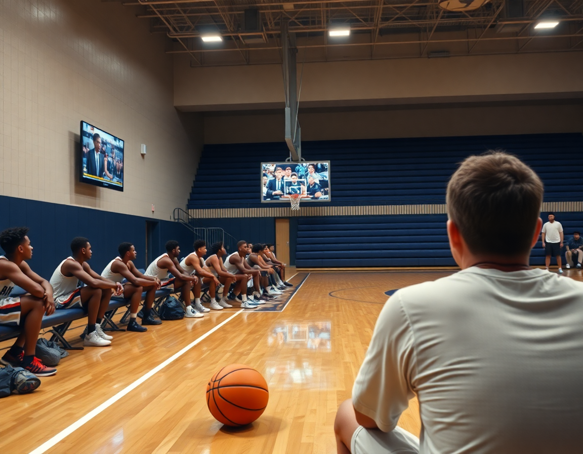 Players review basketball clips on a monitor after drills on the basketball court.