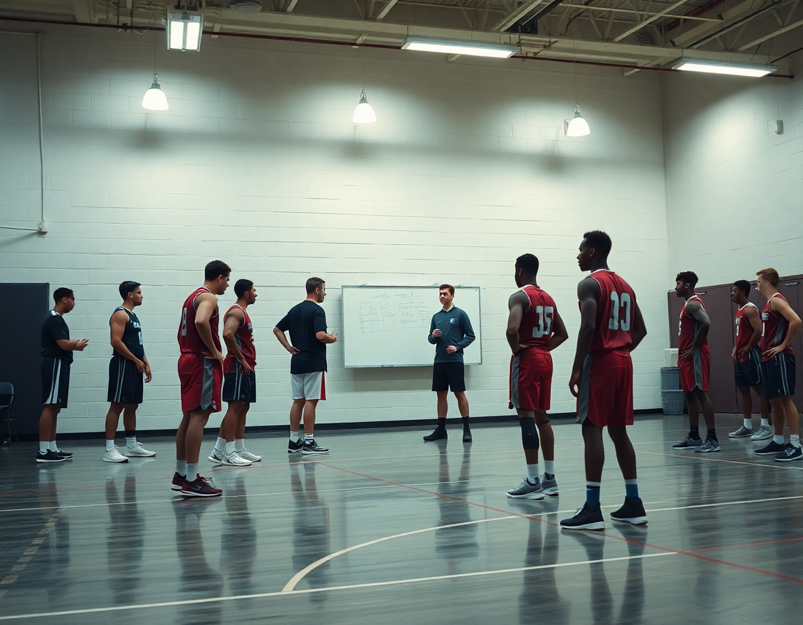 Close-up wide angle of players listening as the basketball whiteboard guides weekly drills.