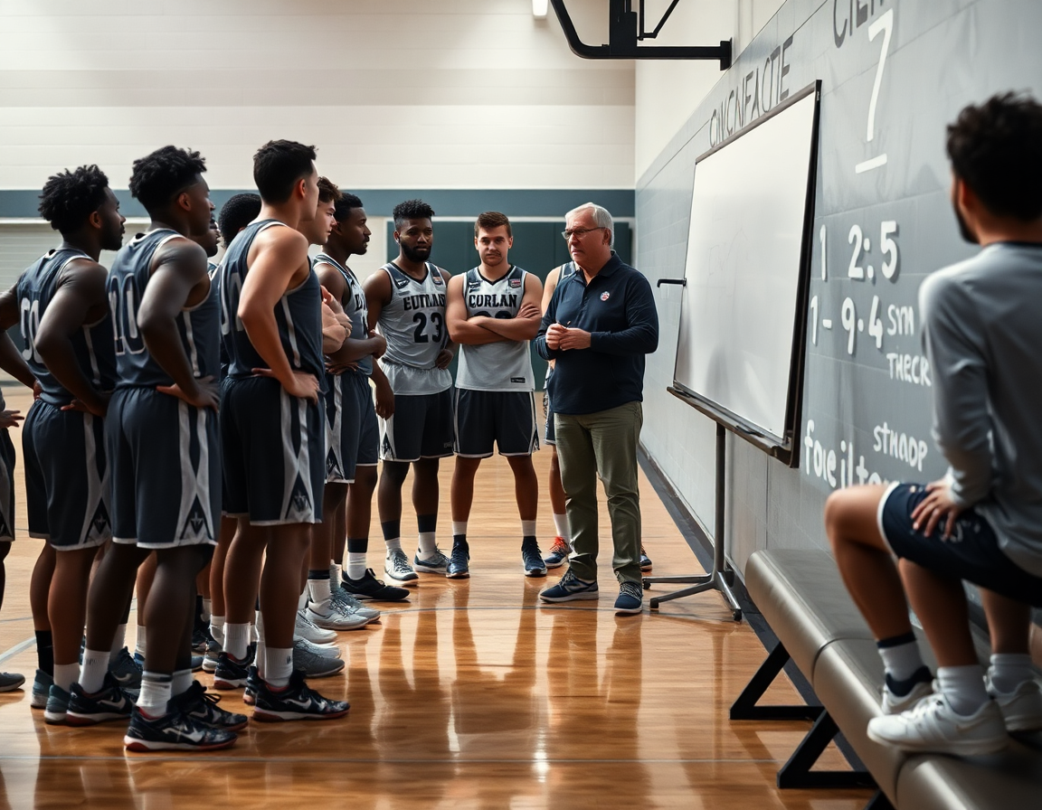 Timeout scene with coach drawing on the basketball whiteboard while athletes huddle.