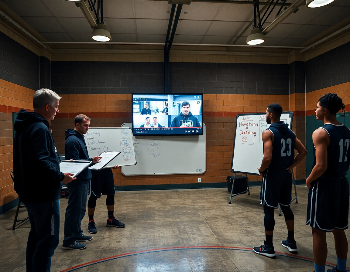 Gym corner shows portable vs stationary basketball whiteboard setup beside video monitors.