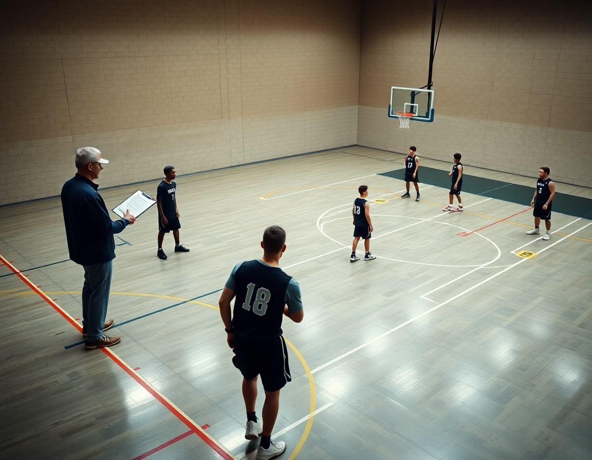 Coach leads ball-location drill for basketball zone defense from the sideline as players move to perimeter spots.