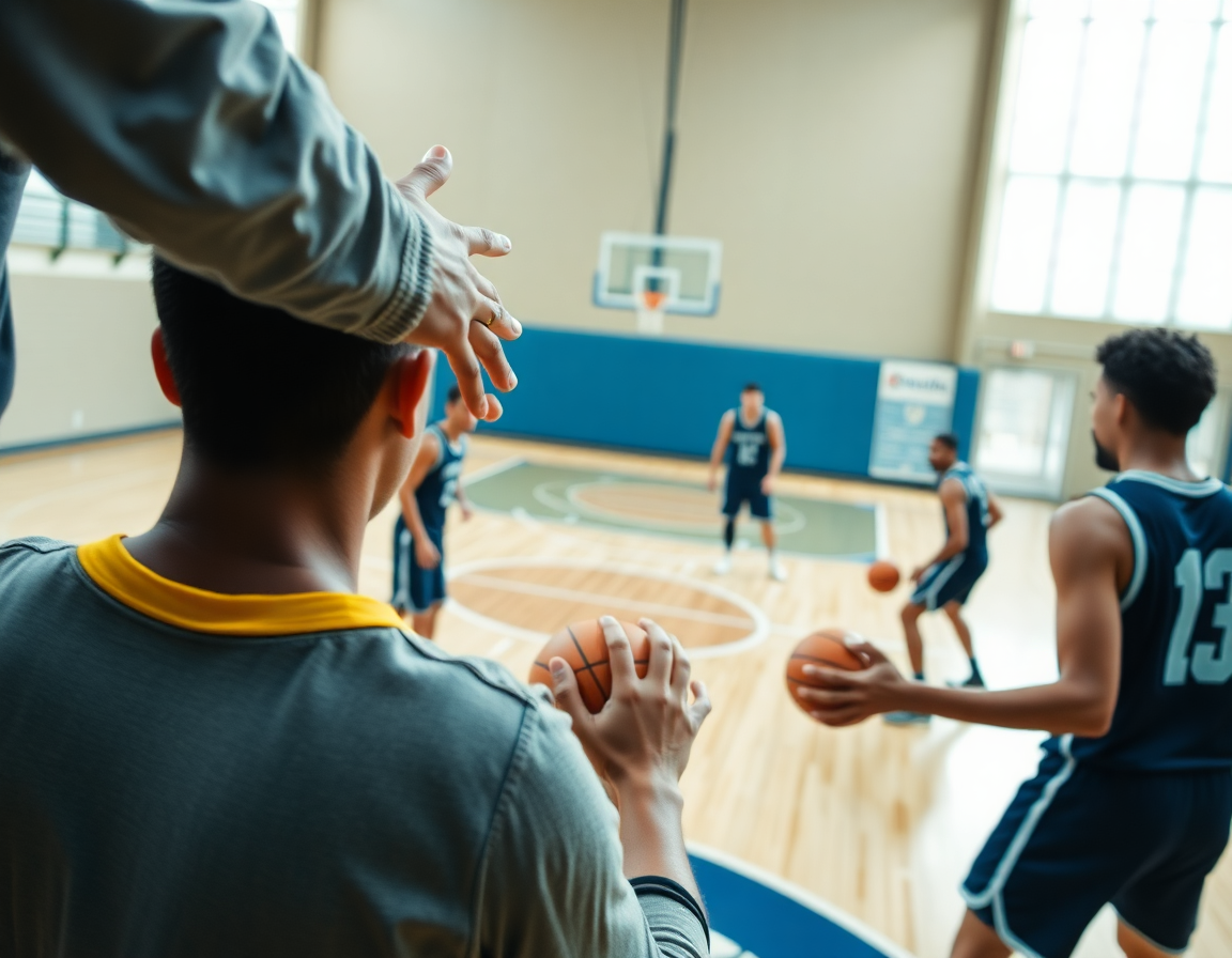 Close-up rotation drill for basketball zone defense with coach guiding players through passes around the perimeter.