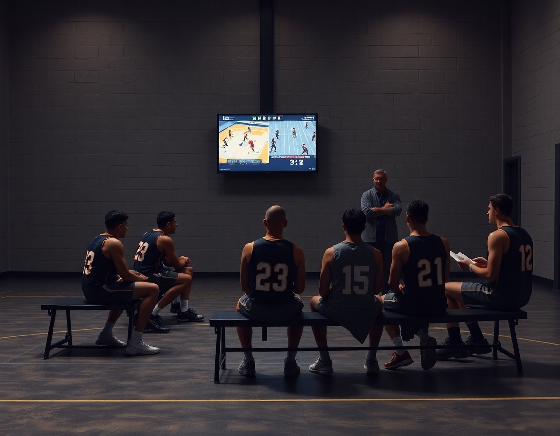 Team studies basketball zone defense counters on a wall screen during scouting sessions and drills.