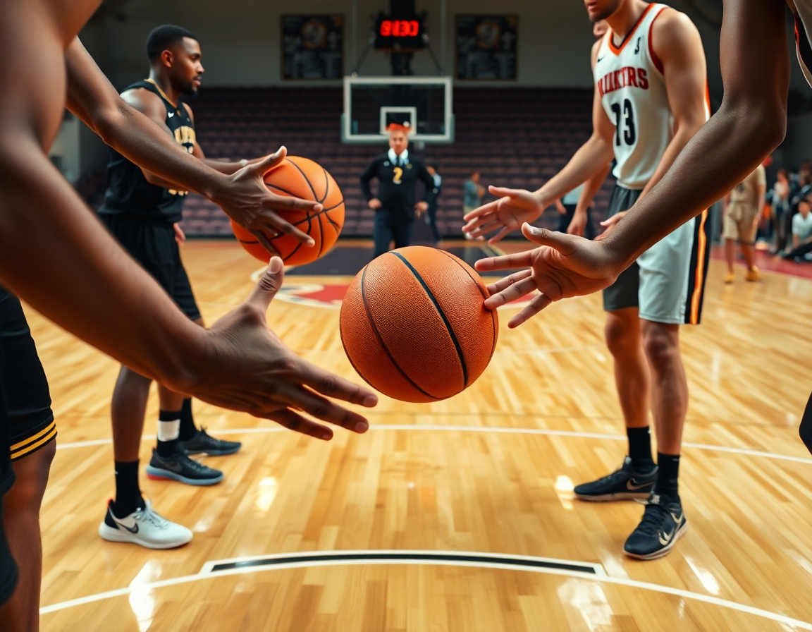 Close-up on hands passing a basketball during a zone offense drill on a hardwood court.