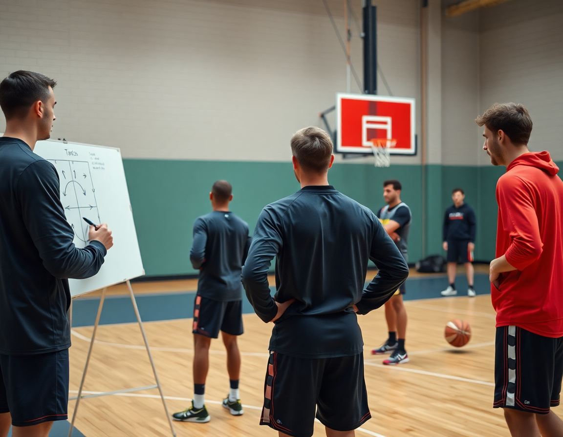 Coach with tactics whiteboard guiding a basketball play as players study basketball principles.