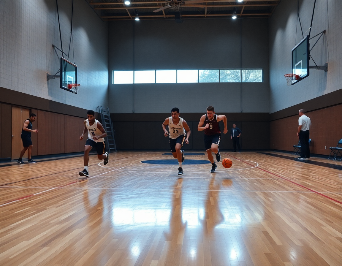 Three players sprint and cut down the hardwood floor during a basketball zone drill with an orange basketball.