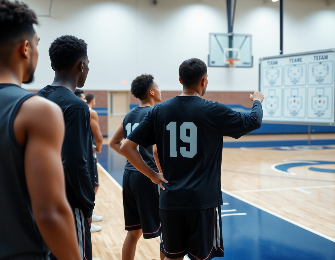 Close-up of coach and players during a basketball zone offense drill on hardwood court.