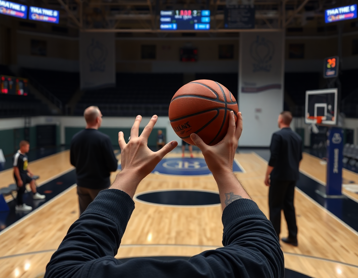 Close-up on hands handling a basketball near the key during a zone drill.