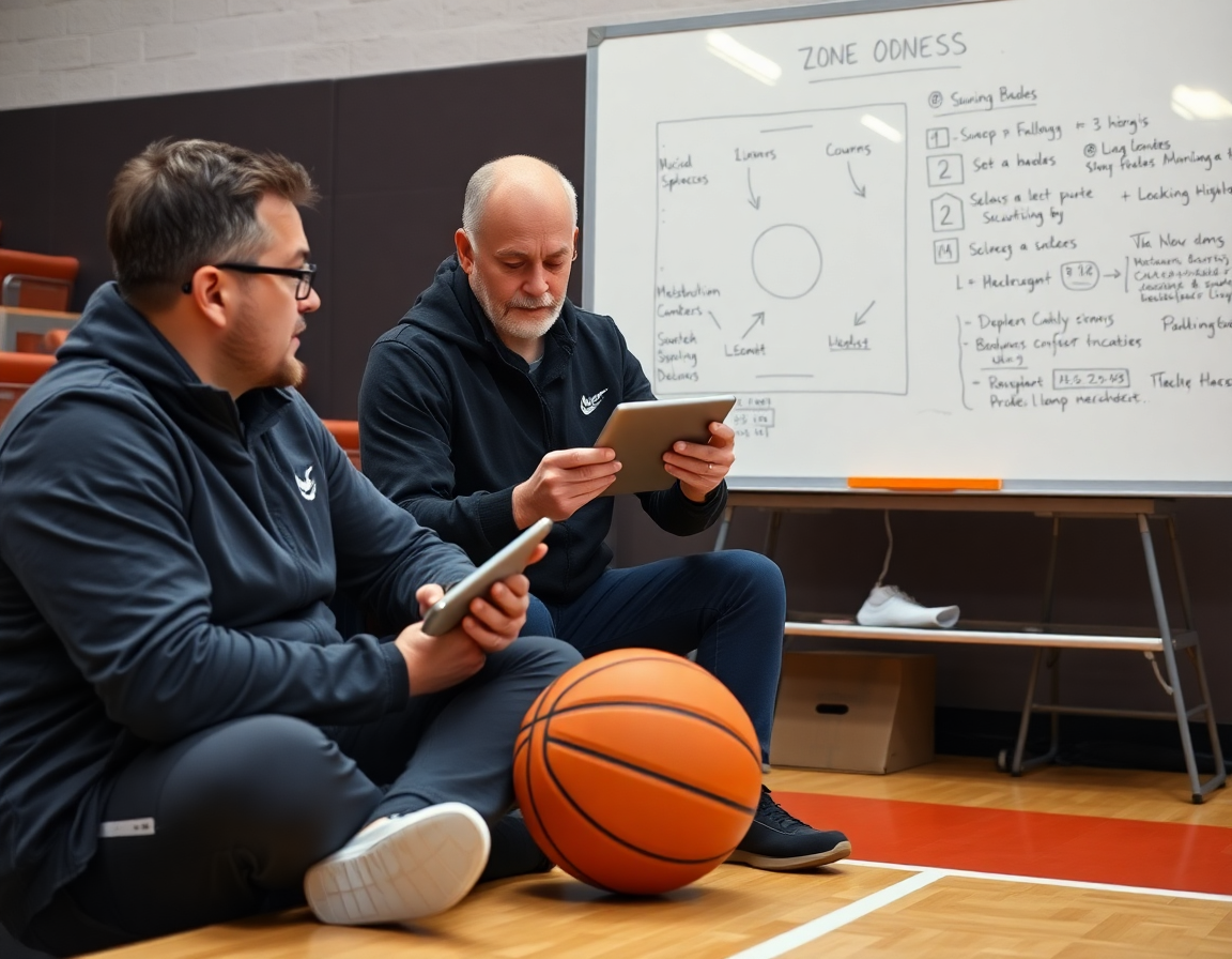 Courtside coaches reviewing basketball clips with a ball on the bench.